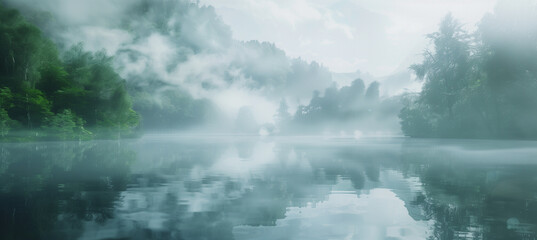 Tranquil panoramic view of mountain lake in mystical fog at dawn