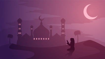Ramadan landscape vector illustration. Mosque silhouette at night with praying muslim in desert. Mosque landscape for illustration, background or ramadan. Eid mubarak landscape for ramadan event