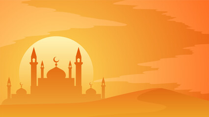Ramadan landscape vector illustration. Mosque silhouette in the sand desert at noon. Mosque landscape for illustration, background or ramadan. Eid mubarak landscape for ramadan event