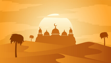 Fototapeta na wymiar Ramadan landscape vector illustration. Mosque silhouette in the sand desert at noon. Mosque landscape for illustration, background or ramadan. Eid mubarak landscape for ramadan event