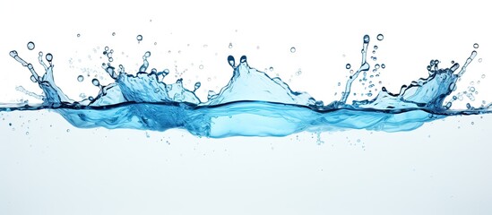 An electric blue splash of water on a white background, resembling a liquid painting or illustration. The detail captures the dynamic event of water hitting the surface with a slope - obrazy, fototapety, plakaty