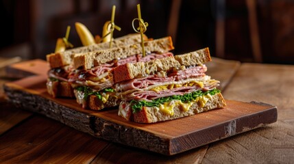 Three sandwiches are on wooden board, each with different filling