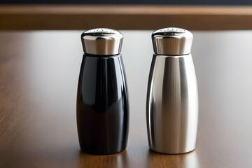 black pepper shaker and silver salt shaker side by side