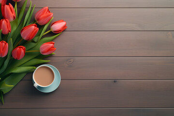 Red tulips and coffee background on wood table copy space for text, Generative Ai 