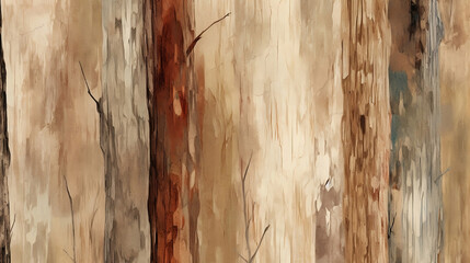 An abstract vertical tree bark design with subtle touches and strokes in muted earthy tones of beige, brown, grey, green, black and red. The texture is detailed but smooth. It is a simple but elegant  - obrazy, fototapety, plakaty