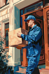 Professional delivery courier in blue uniform delivering cardboard box to customers doorstep