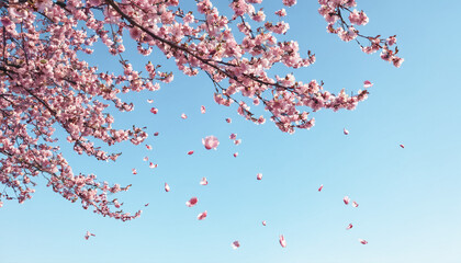 Blue sky vibrant cherry blossom petals falling - spring bloom floral background - 766066696