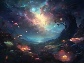magical night backdrop with flowers and beautiful sky. scene for poster, web, social media, banner. generative ai