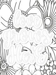 Love Quotes Flower Coloring Page Beautiful black and white illustration for adult coloring book