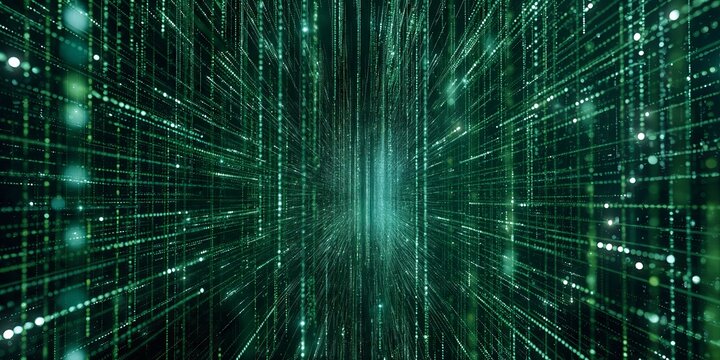 Digital binary code matrix background - 3D rendering of a scientific technology data binary code network conveying connectivity, complexity and data flood of modern digital age