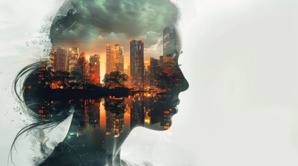 Double exposure photography merging cityscape with businessman symbolizing corporate success in urban environment