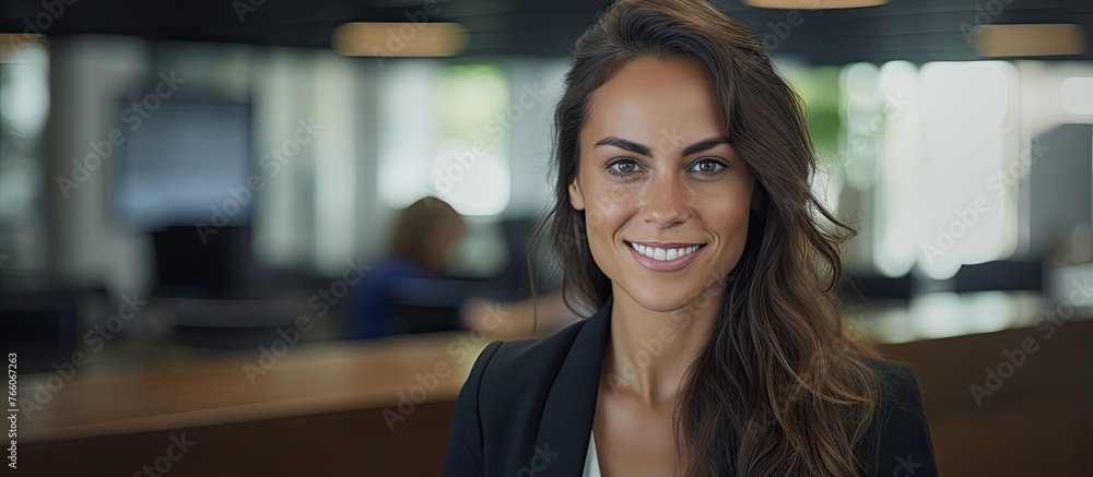 Poster a woman with a beautiful smile and sparkling eyes is looking directly at the camera in a formal offi