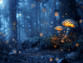 Enchanted forest, glowing mushrooms, fairy tale setting, moonlight filters through the trees, photography, silhouette lighting, vignette