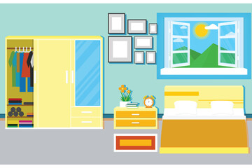 Interior Bedroom Design With Furniture For Decorate. Vector And Illustration