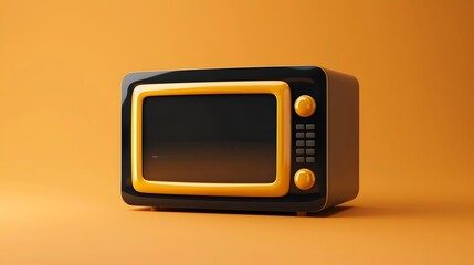 Balancing Retro Microwave on Head Against Vibrant Orange Background in Cinematic,Photographic Style