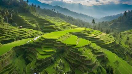 aerial view of green rice field terraces with clean sky and rural vibes