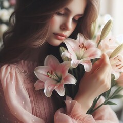 Beautiful young woman with lily flowers in her hands, close up