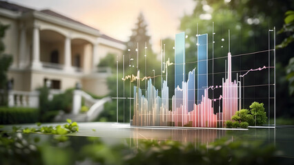 The transparent screen displays stock market graphs with a blurry luxury mansion background