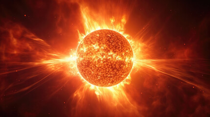 Bright orange and red sun solar flare particles corona mass ejections background on dark black. Sunray, sunlight, sunburst. - obrazy, fototapety, plakaty