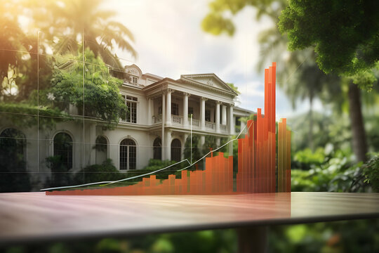 The transparent screen displays stock market graphs with a blurry luxury mansion background