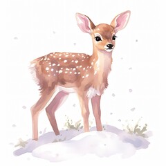 A watercolor deer fawn amidst snowflakes the magic of winter captured on a white canvas