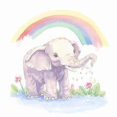 A watercolor elephant calf spraying a rainbow from its trunk whimsy and wonder against white