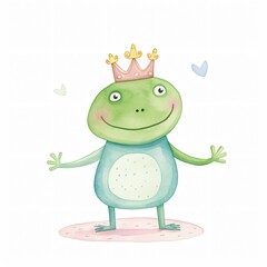 Fototapeta premium A watercolor frog prince with a tiny crown fairy tale charm against a white background