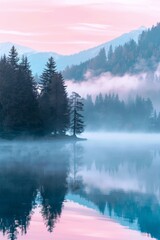 Pastel Mountain Reflections at Dawn. Landscape Illustration. Generative AI.
