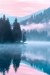 Papier Peint photo Lavable Forêt dans le brouillard Pastel Mountain Reflections at Dawn. Landscape Illustration. Generative AI. 