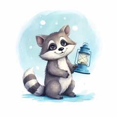 A watercolor raccoon with a lantern a nocturnal adventure illustrated against a white backdrop