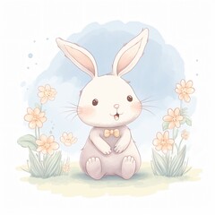 A watercolor rabbit with a floral wreath around its ears springtime bliss on a white background