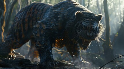 In the clash of fangs and claws the bear tiger hybrid confronts challengers a formidable guardian of the ancient woods - obrazy, fototapety, plakaty