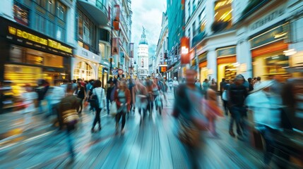 Fototapeta premium the hustle and bustle of a modern city street scene, with blurred motion and vibrant colors