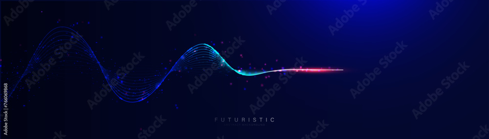 Poster abstract background with blue glowing flow wavy lines particle. futuristic connection technology. ve