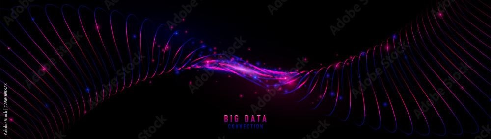 Poster abstract background with magenta and blue glowing flow wavy lines particle. futuristic connection te