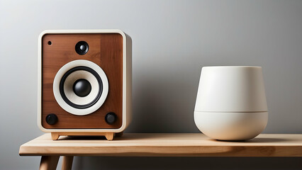 Minimalist and modern speaker on minimalist wooden table. Interior design. Home decor