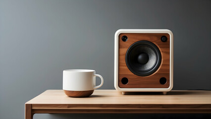 minimalist and modern wooden speaker on the top of wooden shelf