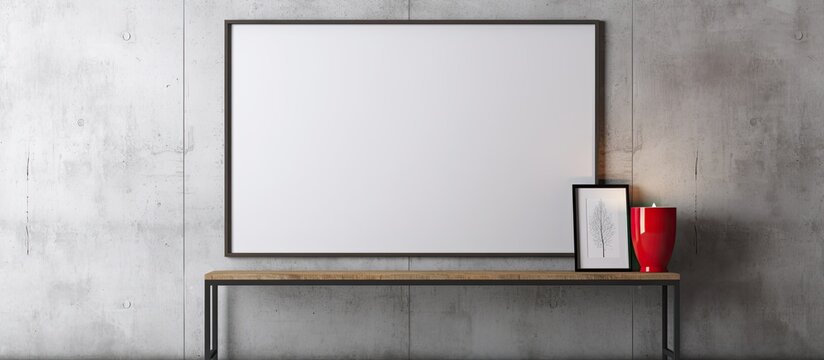 A grey rectangle picture frame is displayed on the wall above a wooden table in the room, next to a whiteboard and computer monitor accessory
