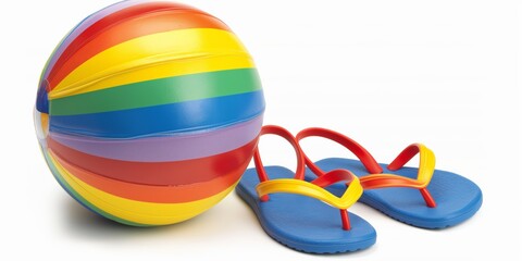 Brightly colored beach ball and flip-flops, evoking fun summer activities and relaxation.