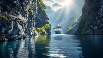 Abwaschbare Fototapete Cruise ship passes a narrow canyon of rock one of the many natural wonders that can be found in Norwegian fjords © Serene