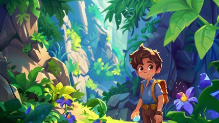 Illustration of Depict the excitement of exploration with a young adventurer discovering a hidden gem in a mysterious forest