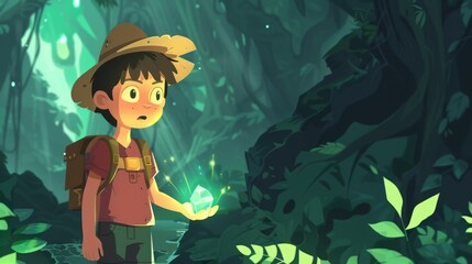 Illustration of Depict the excitement of exploration with a young adventurer discovering a hidden gem in a mysterious forest