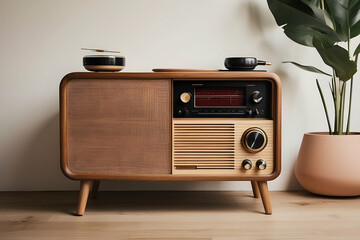 old school radio sits on minimalist wooden furniture in modern vibes - obrazy, fototapety, plakaty