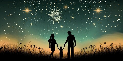 Silhouette of a family holding hands under a starry night sky with fireworks.