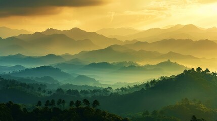 the tranquility of nature with a breathtaking landscape shot of a mountain range bathed in golden sunlight