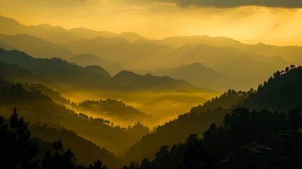 the tranquility of nature with a breathtaking landscape shot of a mountain range bathed in golden sunlight