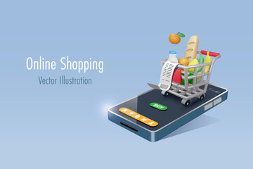 Online shopping grocery delivery service. Shopping trolley cart full of grocery products on mobile app. Express home delivery wireless technology. 3D vector.
