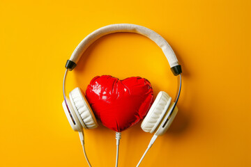 A red heart and  white headphone on a background. Generative AI