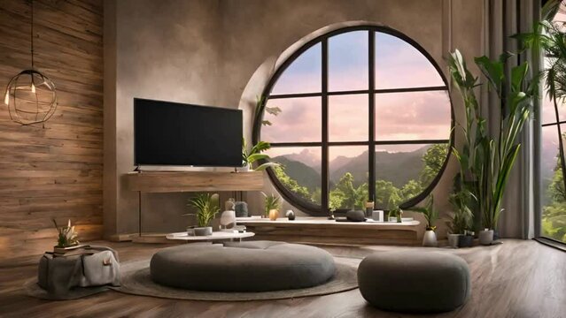 live wallpapers, seamless loops, and overlay animation backgrounds in streaming video. cosy, opulent living area with a round window overlooking the jungle rain