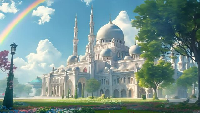 Fantasy landscape with a majestic palace, vibrant gardens under a rainbow and clear sky. Ideal for storybook or game backgrounds